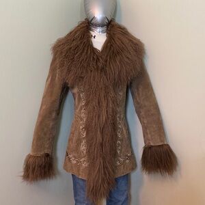 Brown Suede with Mongolian Fur Trim Boho Style Coat